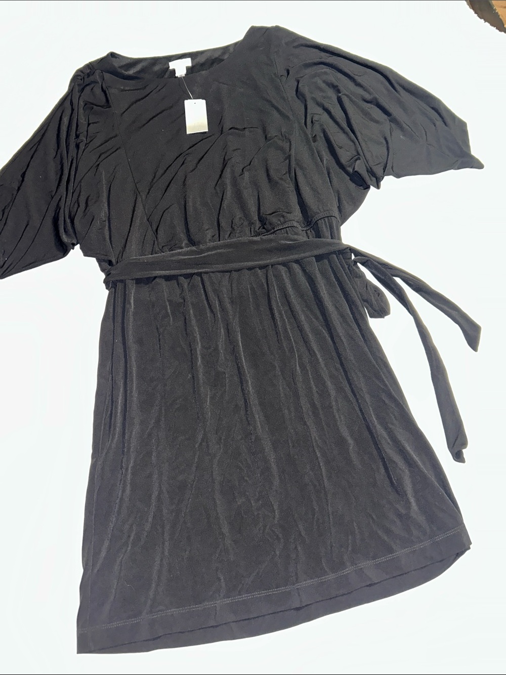 Chico's Plus Size Black Short Sleeve Midi Dress with Tie Belt